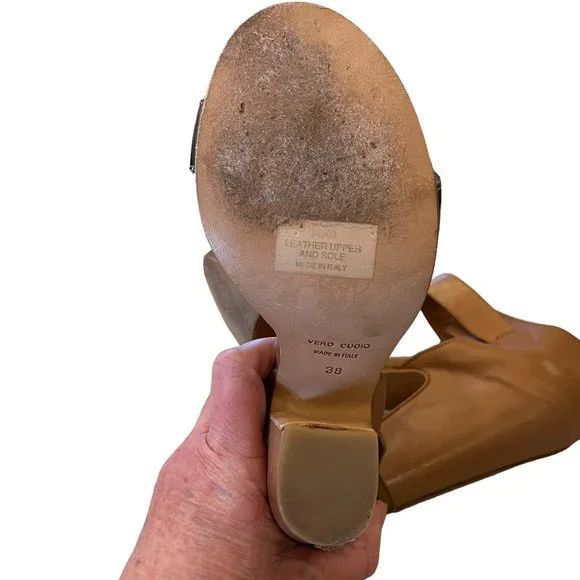 LATITUDE I FEMME Italian Natural Leather & Metallic Block Heels Size 37 or 7.5 - Picture 14 of 14